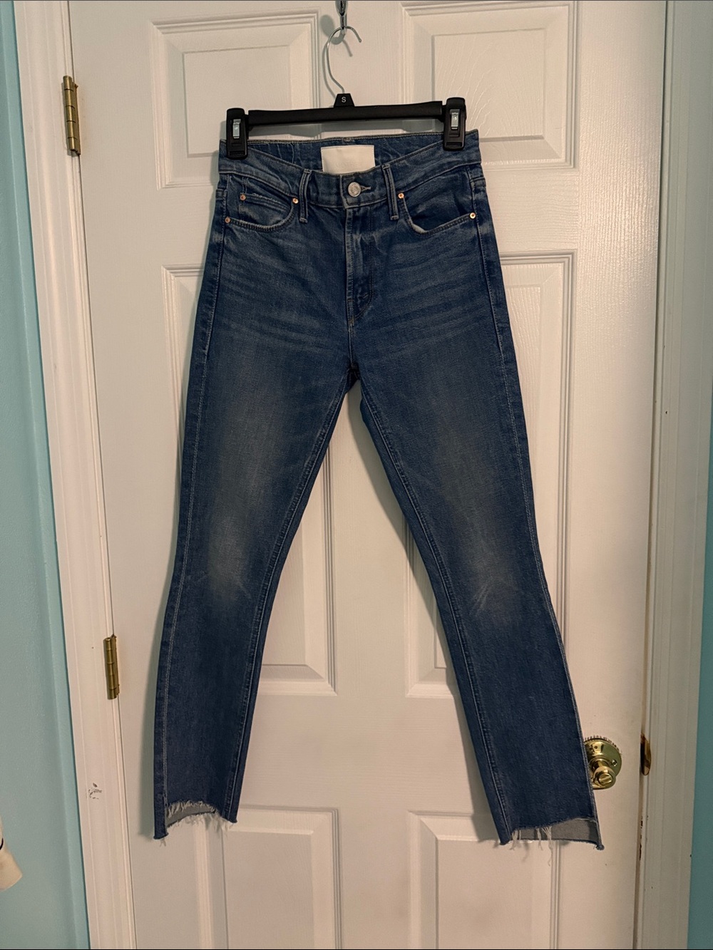 MOTHER The Mid Rise Dazzler Ankle Step  Fray Jeans in Med- Dark Blue Size 24 - Picture 3 of 9